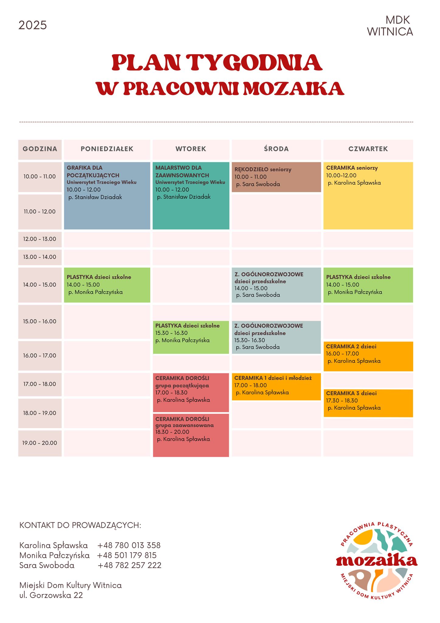 plan pracy pracowni plastycznej "Mozaika" MDK Witnica